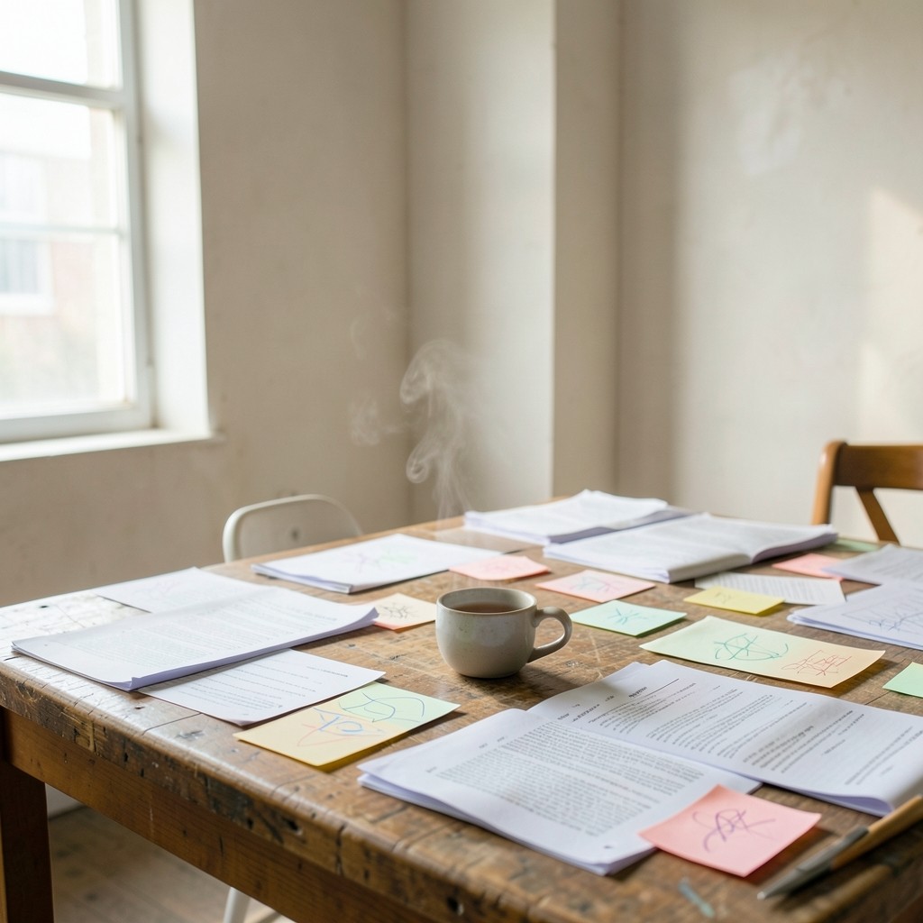 Workshop table with report drafts and annotated metric notes