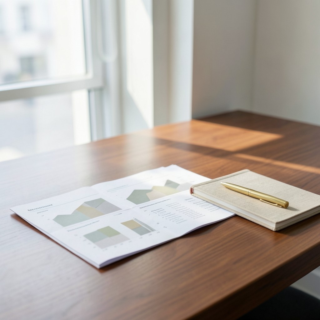 Quiet office desk with printed investor reports and soft daylight