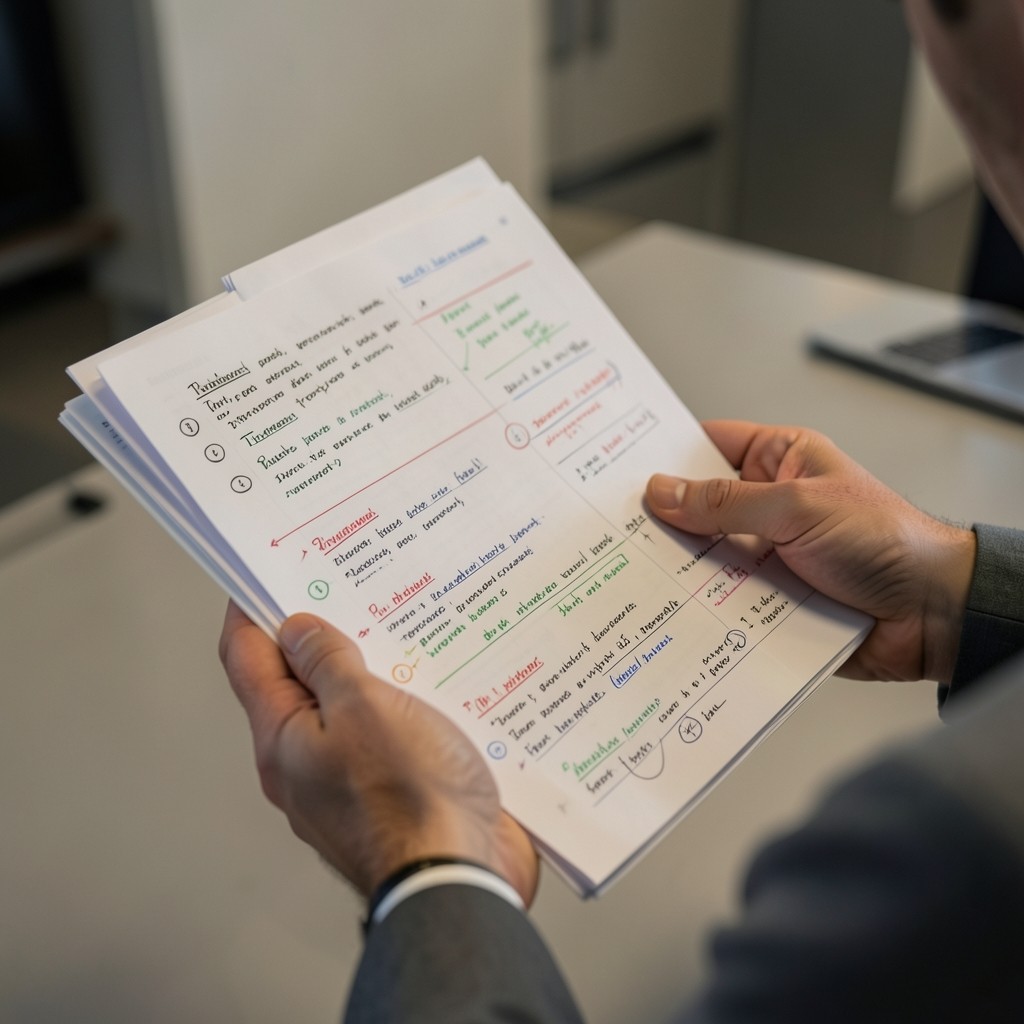 Analyst reviewing marked-up investor report pages