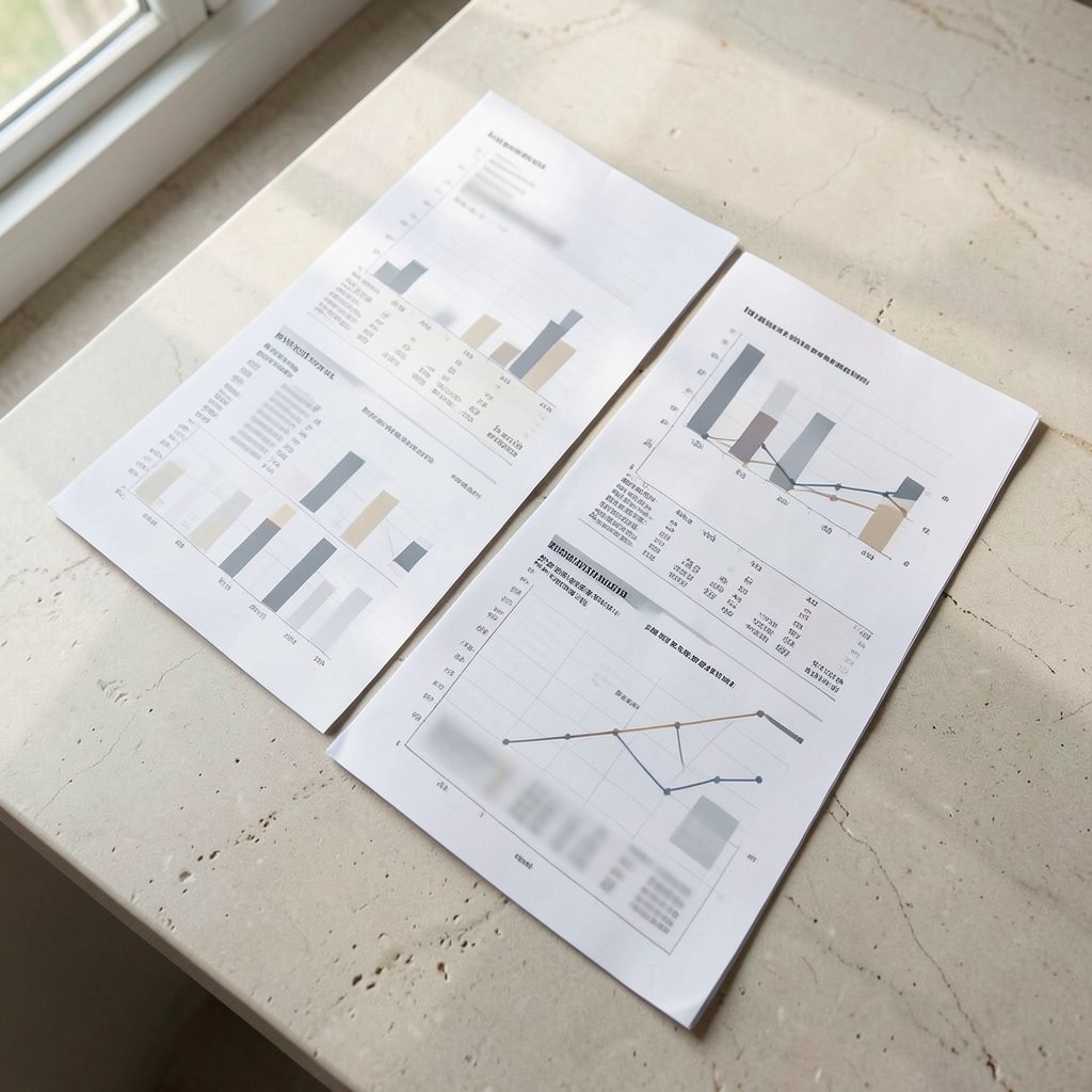 Printed investor report pages and charts arranged on a desk